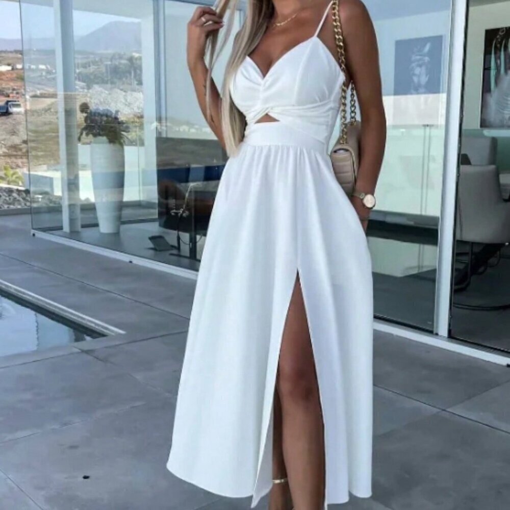 White Preppy Women's Solid Color Sleeveless Split Dress - Picture 1 of 4